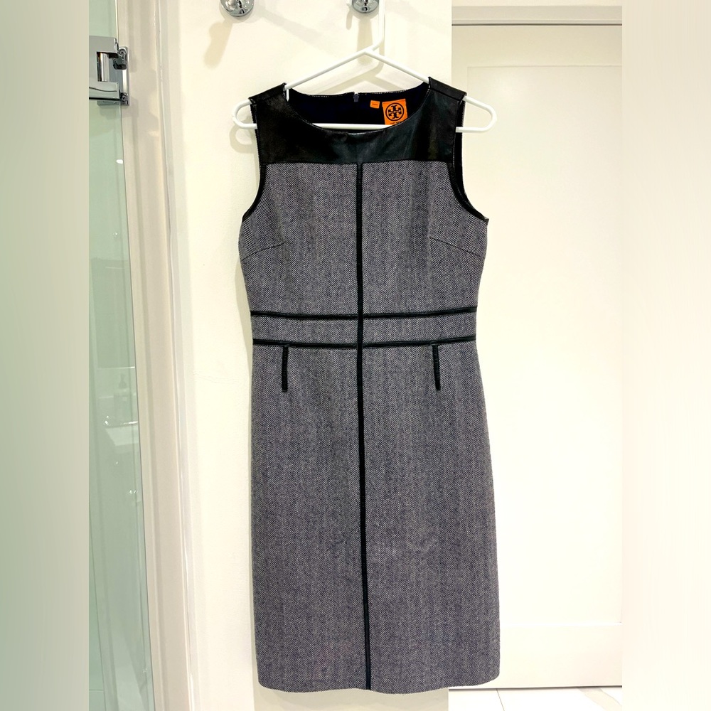 TORY BURCH BLUE LEATHER & WOOL DRESS